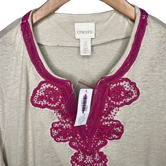 NWT CHICO’s tan pink crochet V neck blouse Chicos 2 Sz L - Picture 4 of 8